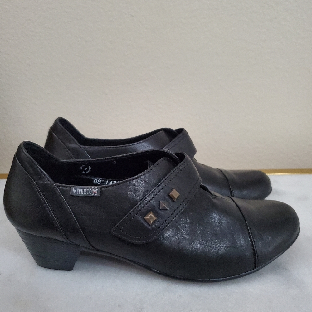 Mephisto Black Leather Round Toe Chunky Heel Velcro Strap Women's Shoe 5 1/2   8 - Picture 5 of 15